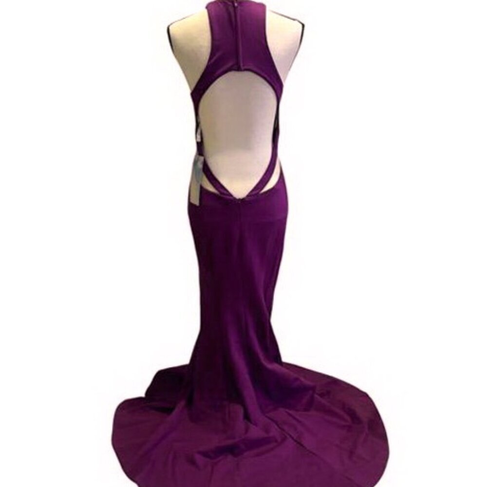 Zoey Grey Purple Open Back Illusion Cut Out Ponte Jersey Gown Prom